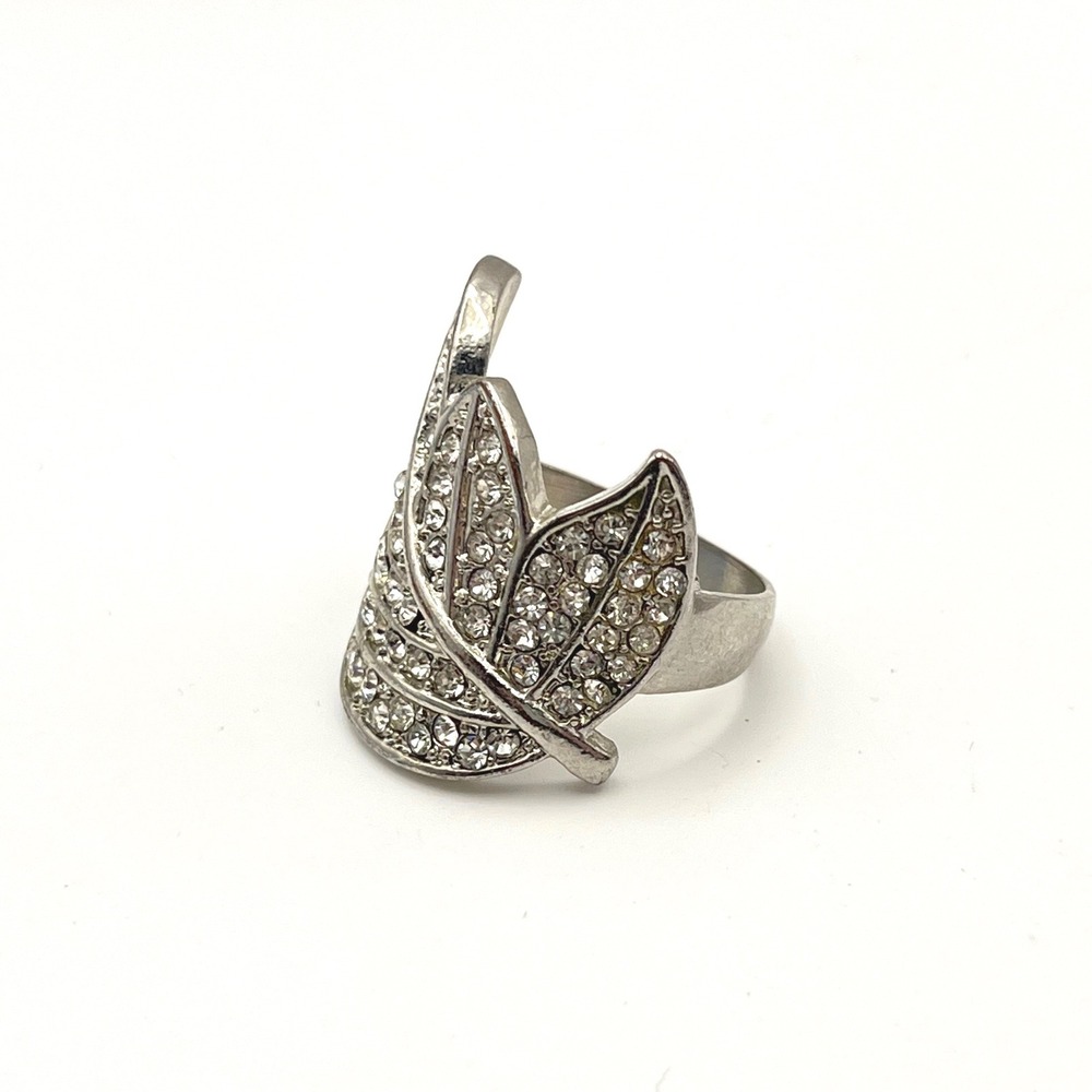 Silver‎ Tone Rhinestone Triple Leaf Statement Cocktail Ring Size 7.5